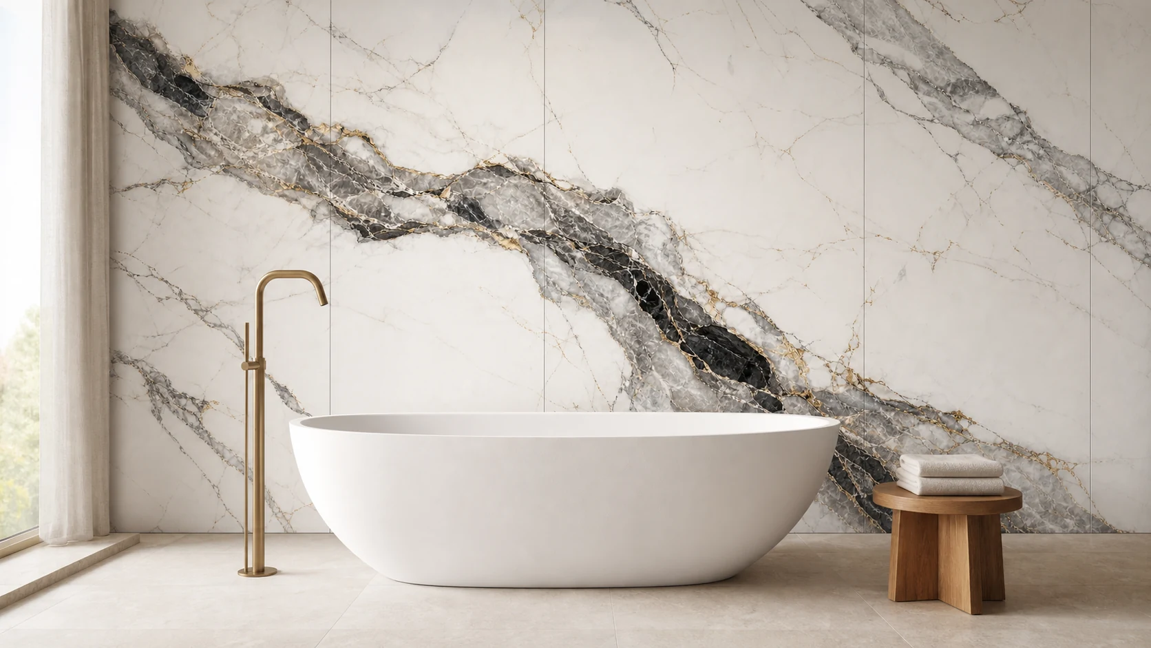 Baño contemporáneo revestido con Calacatta Aureo