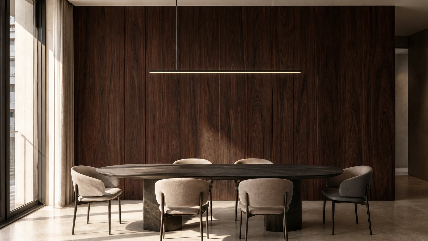 Comedor contemporáneo revestido con Nogal Lineal