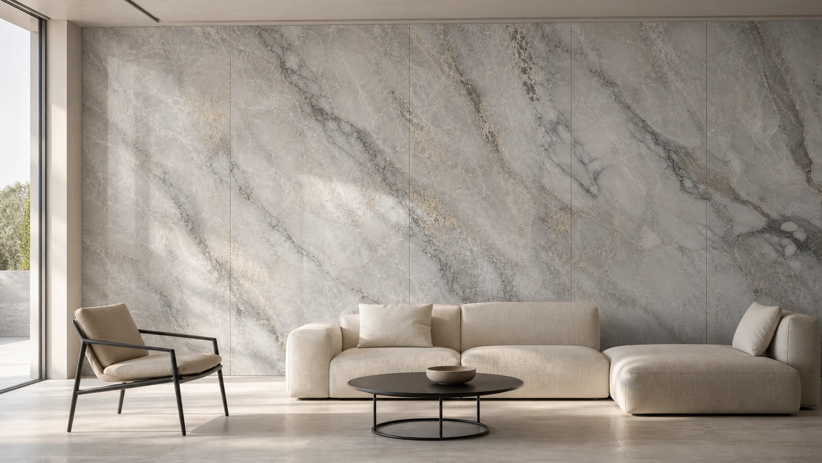 Salón contemporáneo revestido con Pietra Lunare